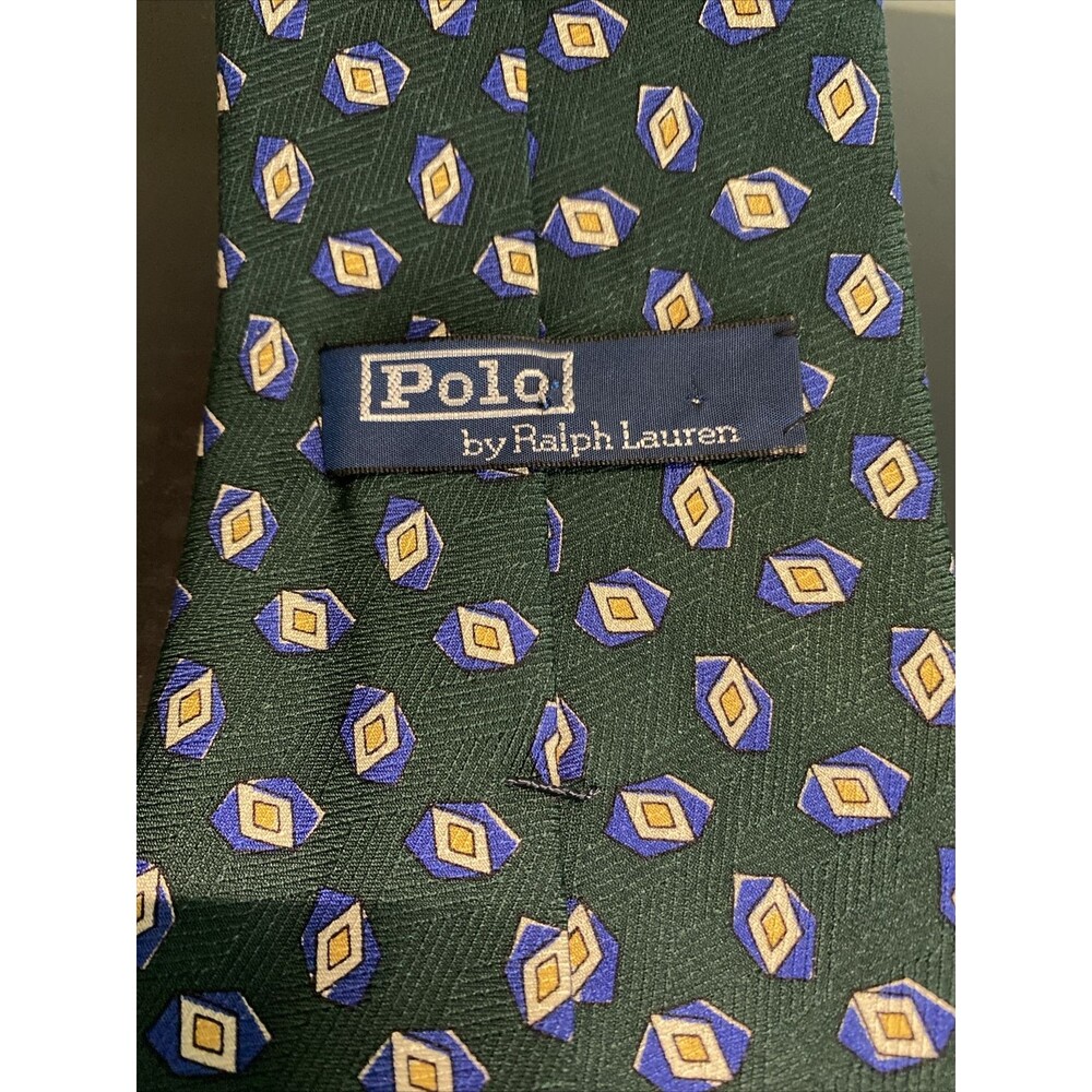 Polo Ralph Lauren Green And Blue Diamond Pattern Tie 100% Silk - Picture 3 of 5